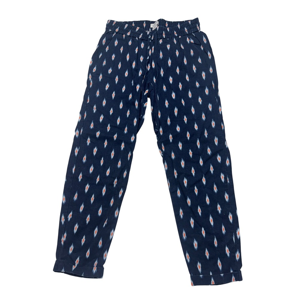 J.Crew Navy‎ Blue Ikat Print Linen Cotton Blend Pull On Pants Size 0